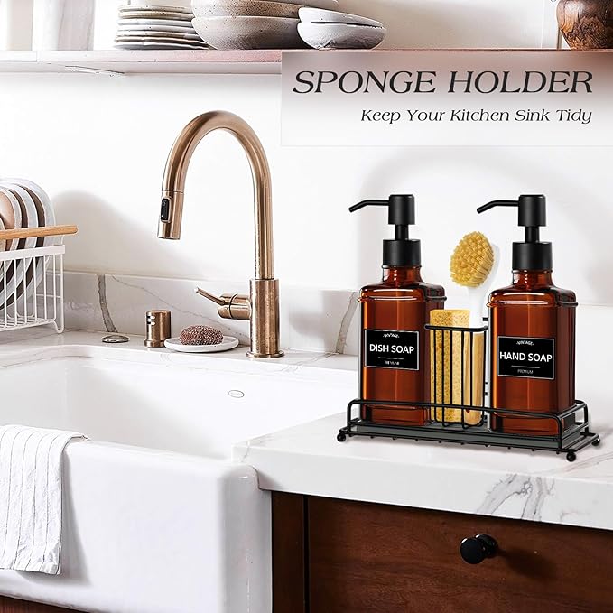 VIMERPA Dish Soap Dispenser, 10 fl oz Kitchen Hand and Dish Soap Dispenser with Adjustable Sponge Holder, Vintage Kitchen Set Amber