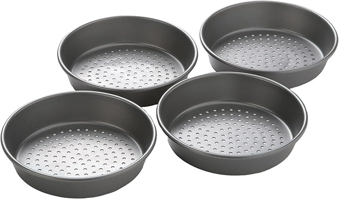 Chicago Metallic Deep Dish Pizza Pan Set of 4, 7 Inch Personal Size, Heavy-Duty Carbon Steel with Perforated Bottom for Crispy Crust, Perfect for Family Pizza Night