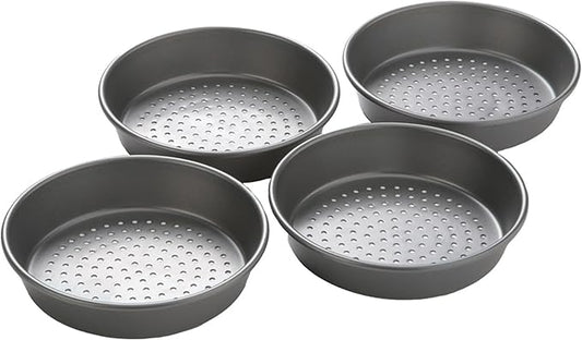 Chicago Metallic Deep Dish Pizza Pan Set of 4, 7 Inch Personal Size, Heavy-Duty Carbon Steel with Perforated Bottom for Crispy Crust, Perfect for Family Pizza Night
