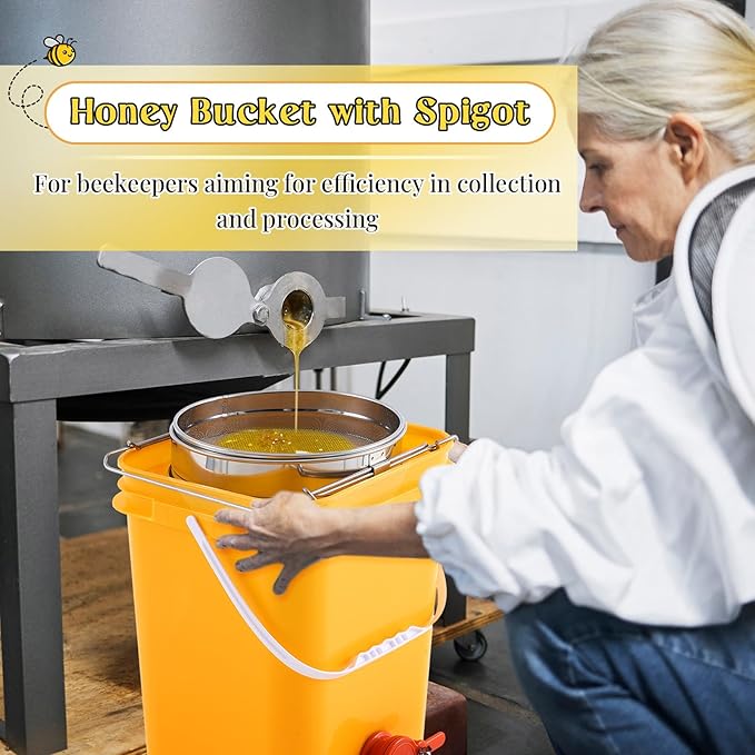 Threehoney 5 Gallon Honey Bucket with Spigot and Stainless Steel Filters Set Honey Extractor Equipment Food-Grade Bucket with Spigot for Bee Keeping Supplies Extracting Storage(Yellow,5 Gallon)