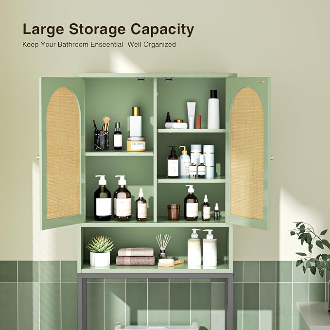 Rattan Toilet Storage Cabinet, Over The Rack Wood Cabinet with Metal Stand, Bathroom Organizer with Adjustable Shelf, Space Saving Cupboard for Small Bathrooms, Washer Shelf, Green