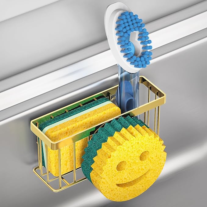 Sponge Holder Smiley Face, Sink Caddy for kitchen Sink, Kitchen Organizer Sponge Holder with 2 PCS Suction Cups/1 PCS Adhesive Strips, Designed for Sponge, Soap, Dish brush, Scrubber-Gold