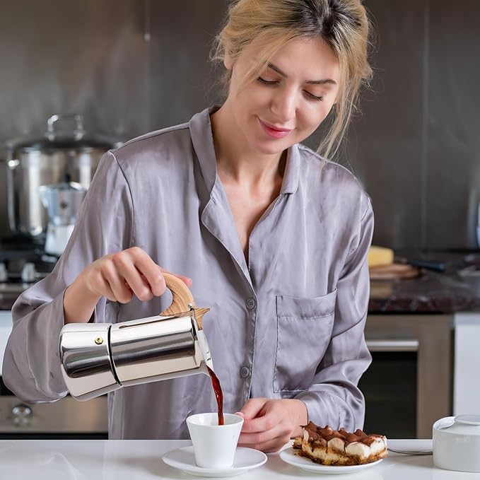 Induction Moka Pot, Stainless Steel, Stovetop Espresso Coffee Maker, 6 Cup/300ml/10.1oz, Easy to Use and Clean, Camping Home Use | for Mocha Cappuccinos, Lattes