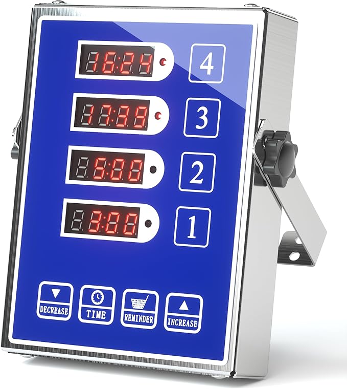 Commercial Kitchen Timer with 4 Channels, Digital Timer for Cooking, Loud Alarm Volume +/-, Food Truck Restaurant Supplies, Heavy Duty Stainless Steel Large Timers, Waterproof Panel & Memory Function