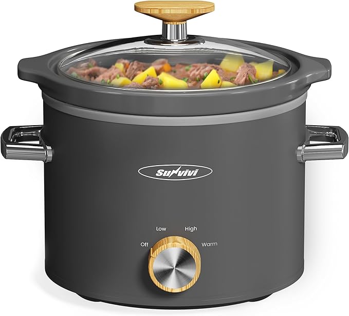 Sunvivi 2 Quart Slow Cooker, Small Slow Cooker with Removable Ceramic Pot, Slow Cookers Food Warmer with 3 Heating Settings & Dishwasher Safe Glass Lid, Grey