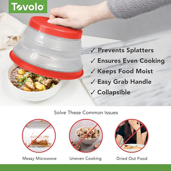 Tovolo Microwave Splatter Cover for Food, Small (Candy Apple Red) - Collapsible & Vented Silicone Splatter Guard Lid - Microwave Plate & Dish Cover with Handle - BPA-Free Kitchen Gadget for Meal Prep