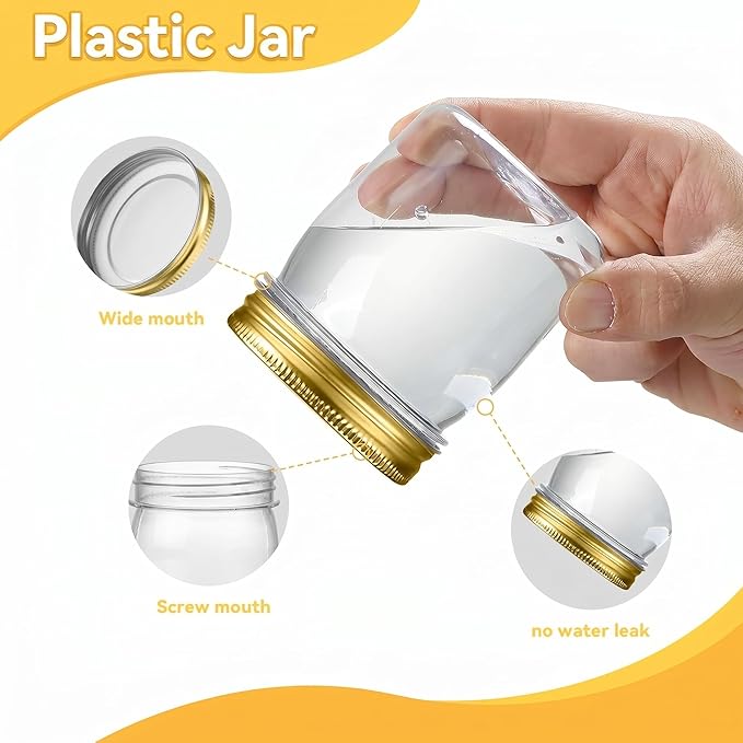 novelinks 8 oz Clear Plastic Jars with Airtight Lids, 32 Pack Plastic Mason Jars with Lids 8oz, Refillable Storage Slime Containers & Small Spice Jar for Kitchen Organization (32 Pack,Gold)
