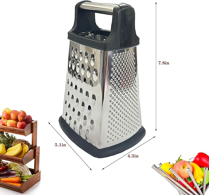 Professional 4-Sided Box Grater with Cut-Resistant Finger Cots - Stainless Steel Cheese & Vegetable Grater, Dishwasher Safe, Non-Slip Base & Ergonomic Handle - XL Multipurpose Kitchen Tool