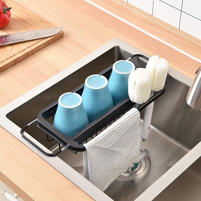 TOOLF Expandable Sink Caddy with Dish Towel Bar, Adjustable Over-The-Sink Organizer for Kitchen, Rustproof Sponge Holder and Drying Rack