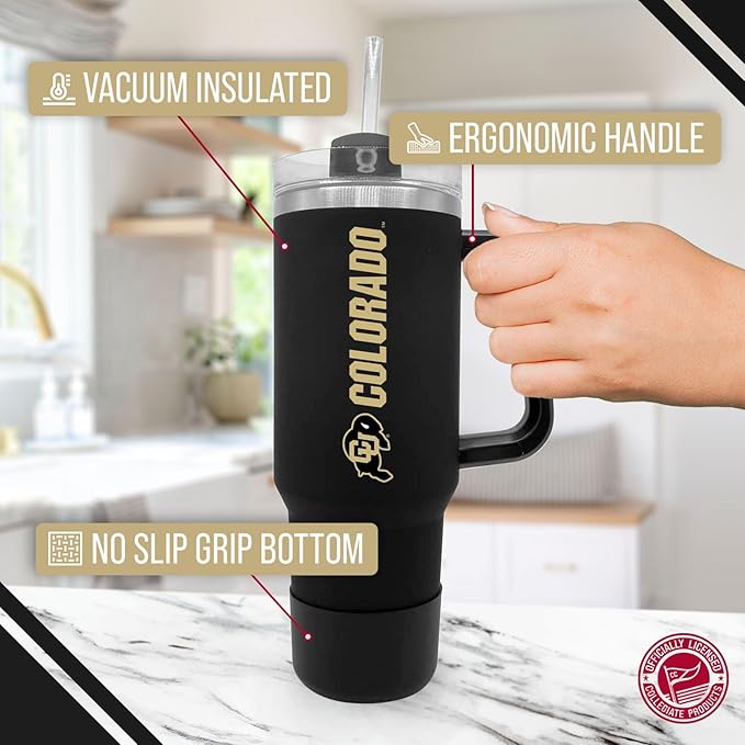 Campus Colors College & University 40 oz Travel Tumbler With Handle - Dual Option Lid With Straw - Vacuum Insulated Stainless Steel (Colorado Buffaloes - Black)