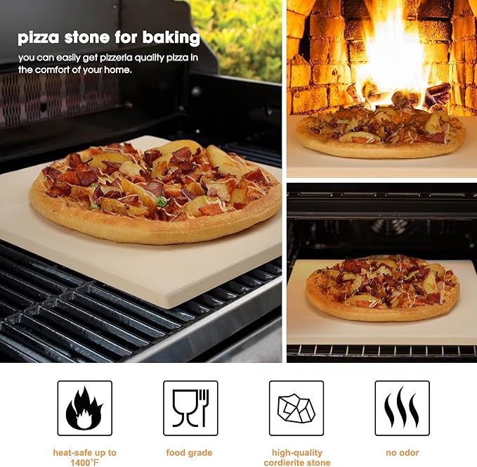 Salomayes 12x12 Inch Cordierite Pizza Stone for RV Oven and Grill, Square Baking Stone, Perfect for Pizza, Bread, Pie, BBQ, Durable and Safe, with Plastic Scraper