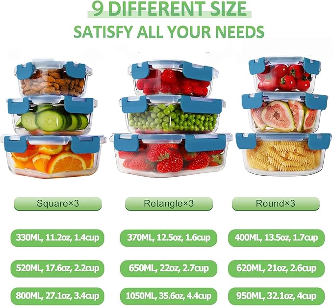 HOMBERKING Glass Food Storage Containers with Lids, [18 Piece] Glass Meal Prep Containers, Airtight Lunch Bento Boxes, BPA-Free & Leak Proof (9 lids & 9 Containers) - Deep Blue