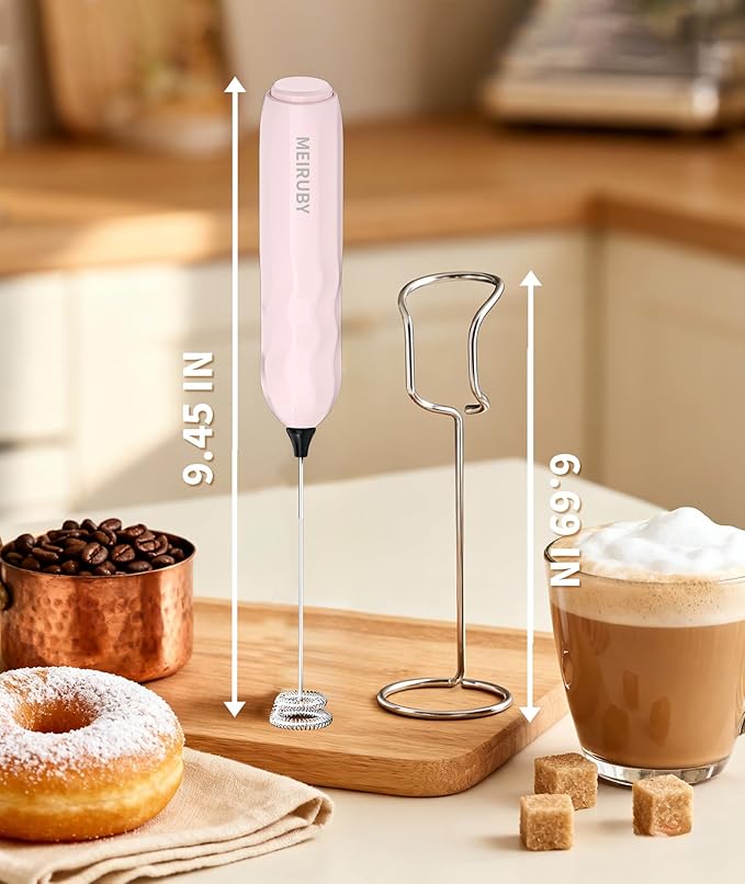 MEIRUBY 2-Pack Milk Frother Handheld with Stand, Valentines Day Gifts for Him and Her, Powerful Electric Coffee Frother, Coffee Lover Gift for Lattes, Cappuccino, Matcha & Hot Chocolate, White/Pink