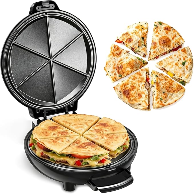 Electric Quesadilla Maker, 9.5'' Quesadilla Press with Extra Stuffing Latch, Easy Slice 6 Wedge, Grilled Cheese Corn Flour Tortilla Snacks, Nonstick Plates, Easy to Clean, Non-Slip Feet, Black