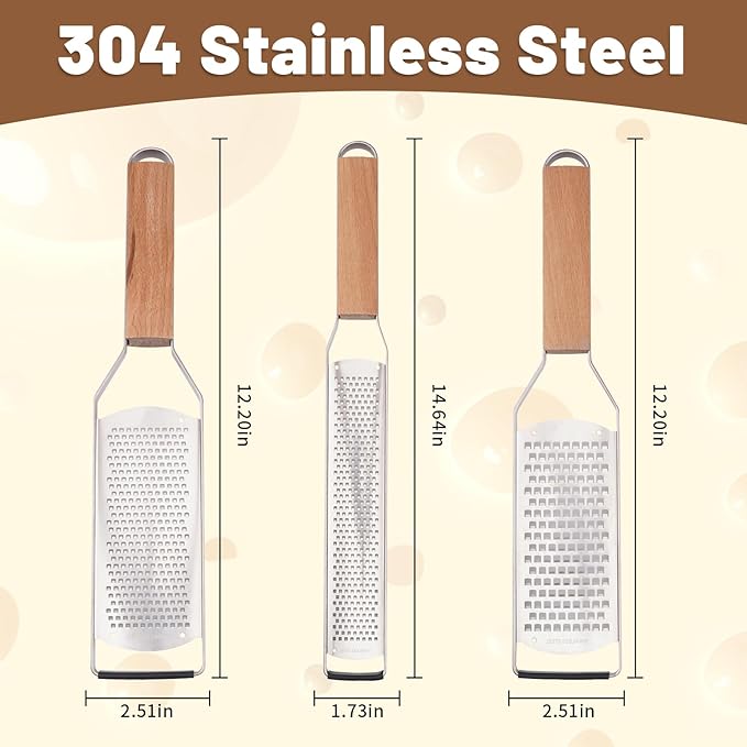 SHIKORI Professional Cheese Graters for Kitchen Stainless Steel Handheld, Metal Lemon Zester Grater With Wood Handle For Cheese, Chocolate, Spices, Kitchen Gadgets And Tools-3 Pcs