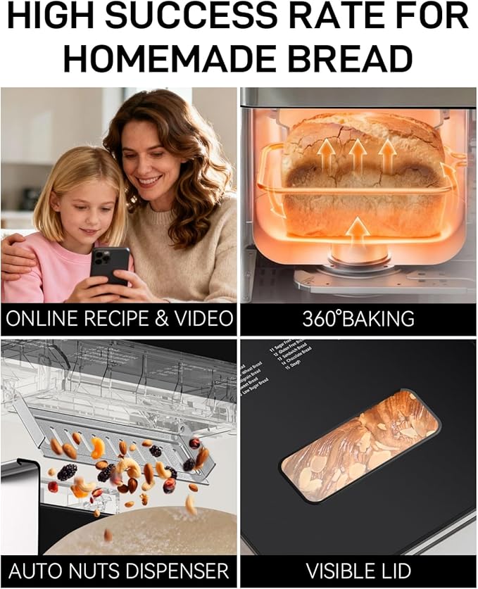 MERIOR 25-IN-1 Bread Maker with Visible Lid | 2lb Automatic Machine, Auto Nut Dispenser, 13-Hour Delay Timer, One-Touch Control & Recipes – Easy Operation, High Success for Homemade Bread