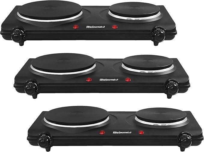 Elite Gourmet EDB-302BF Countertop Double Cast Iron Burner, 1500 Watts Electric Hot Plate, Temperature Controls, Power Indicator Lights, Easy to Clean, Black (Pack of 3)