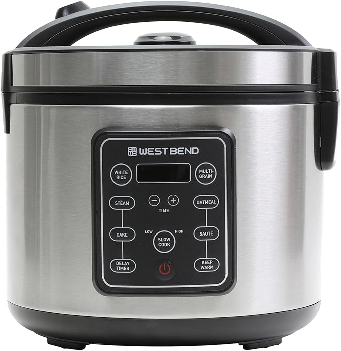 West Bend Rice & Grain Multi Cooker Programmable with 9 Preset Functions, Features Delay Start and Keep Warm Functions and Steam Basket, 20 Cups Cooked (10 cups uncooked), Stainless Steel
