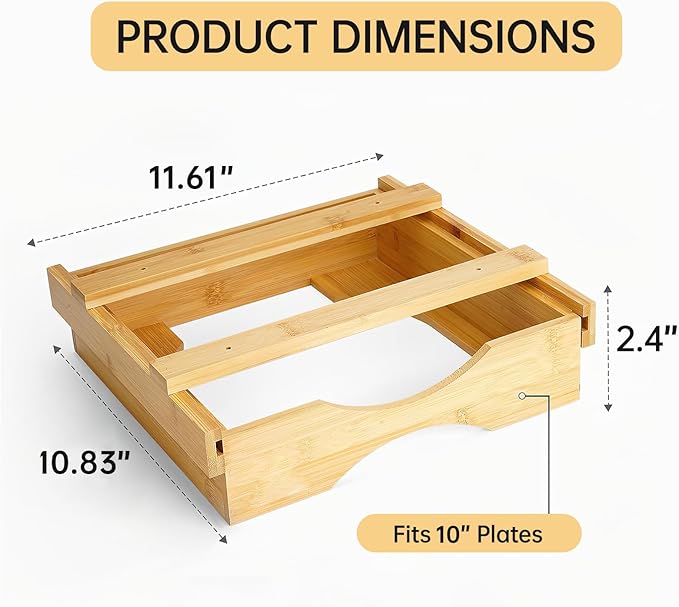 Paper Plate Dispenser - 10 inch Bamboo Paper Plate Dispenser Under Cabinet, Kitchen Counter Vertical Plate Holder Organizer Countertop Caddy (Bamboo)