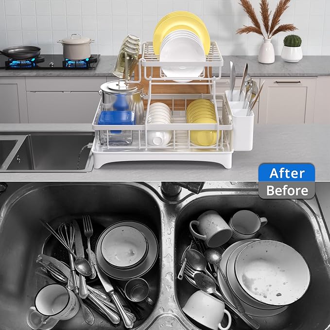 Godboat Dish Drying Rack, 2-Tier Dish Rack with Auto-Drain & Mat, Dish Racks for Kitchen Counter, Dish Drainer with Knife, Fork & Cup Rack, Gifts for Women, Mothers Day, Kitchen Gadgets, White