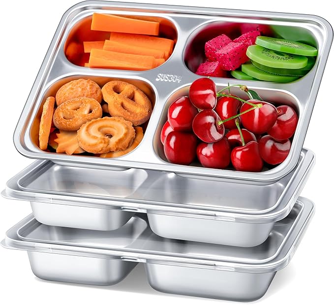 Stainless Steel Snack Containers with Lids - 3 Pack - Large 4-Compartments Bento Snack Boxes - Meal Prep Lunch Containers for Kids Adults - Divided Food Storage Container for School Home Travel