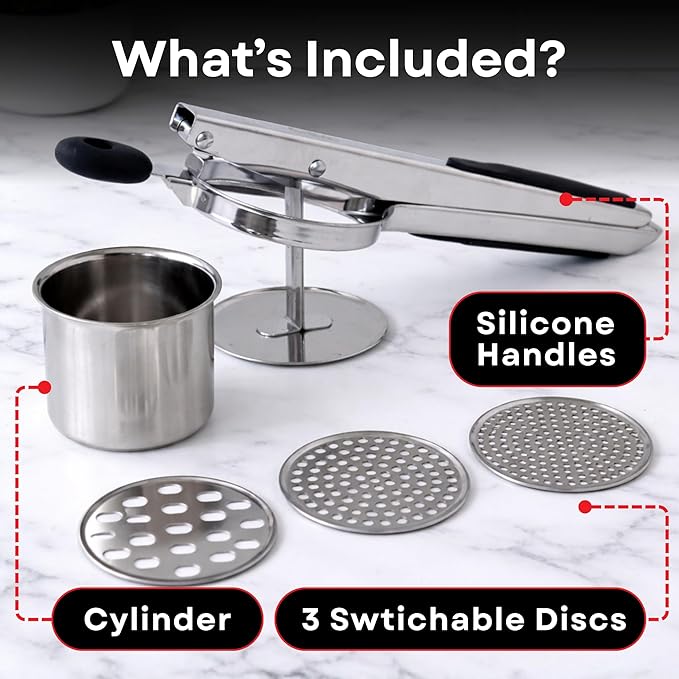 Large 15oz Potato Ricer with 3 Interchangeable Discs - Professional Stainless Steel Masher for Fluffy Mashed Potatoes, Gnocchi & Guacamole - Ergonomic Silicone Handles, Heavy Duty & Dishwasher Safe