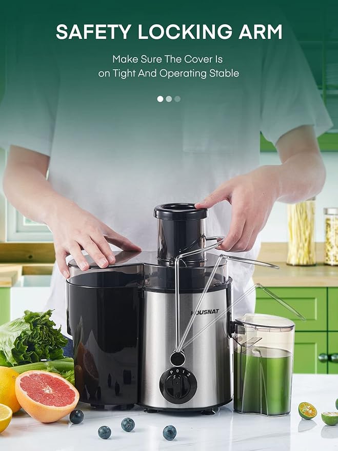 Juicer Machines, HOUSNAT Juicer Whole Fruit and Vegetables with 3-Speed Setting, 400 W Motor Quick Juicing Ideal for Beginners & Light Daily Use, Cleaning Brush and Juicing Recipe Included