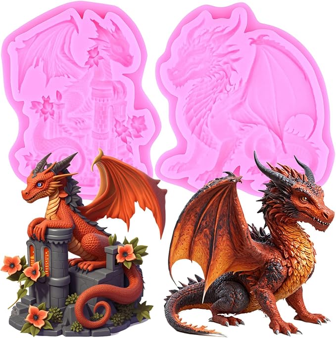 Dragon Silicone Mold Dragon Castle Fondant Molds For Cake Decoration Cupcake Topper Candy Polymer Clay Chocolate Gum Paste Set Of 2