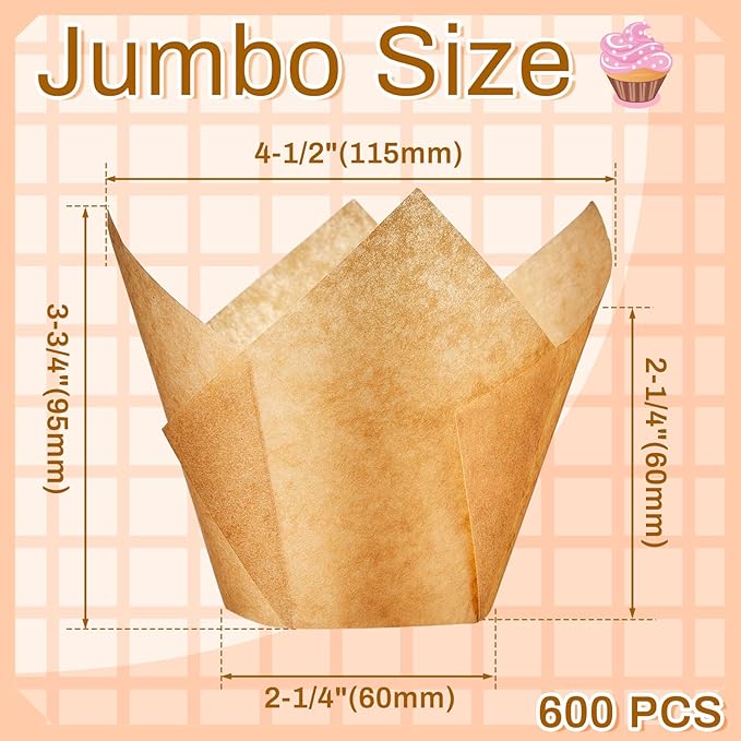 Motiskyy 600 Pcs Jumbo Muffin Liners for Baking 2-1/4" x 4" Large Tulip Cupcake Liners Greaseproof Cupcake Wrapper Paper for Weddings Birthday Christmas Anniversaries Party (Light Brown)