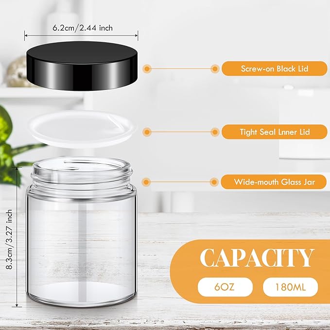 Domensi 24 Pcs Bulk 6oz Glass Jars with Lids Leakproof Round Airtight Empty Cosmetic Jars with Inner Liners Lid for Storing Lotions Spices Ointments Food Storage (White Black)