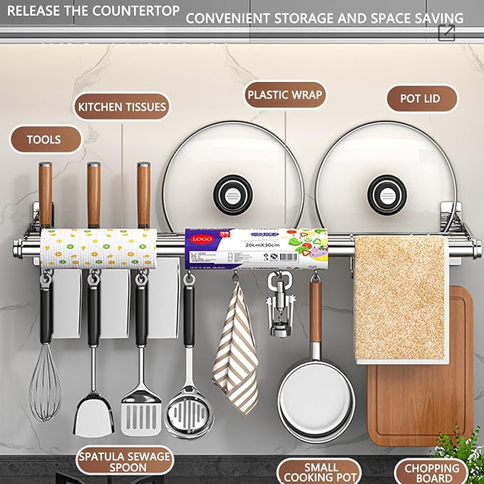 Hanging Wall Mount knife Wall Mount, Kitchen Organizer Storage Shelf for Utensils Spatula Spoon, Space-Saving Knife Rack with Hooks,Wall-Mounted Utensil Holder (Silver, 40CM+Three Poles+6Hooks)