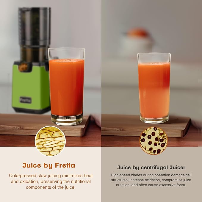 Cold Press Juicer Machines,Fretta 5.3'' Self Feeding Slow Masticating Juicers Fit Whole Fruits & Vegetable Easy Clean Juice Extractor,Tritan Material BPA Free 250W, (Matcha)