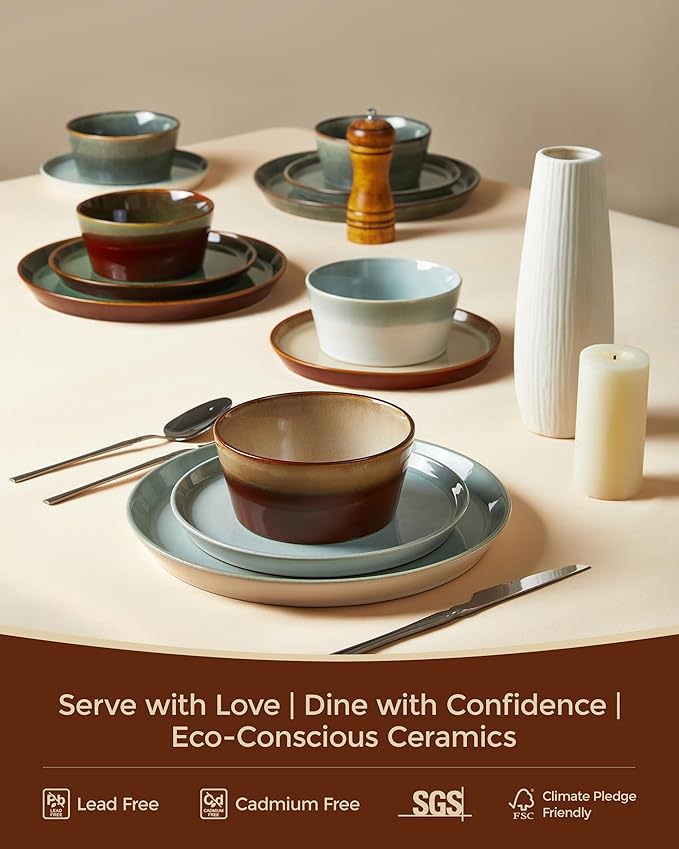 Pokini Dinnerware Set for 6, Ceramic Dish Sets, Plate and Bowl Set, Microwave & Dishwasher Safe Dishware Set, Chip & Scratch Resistant Dinner Set, Each Piece Unique, Amber Brown