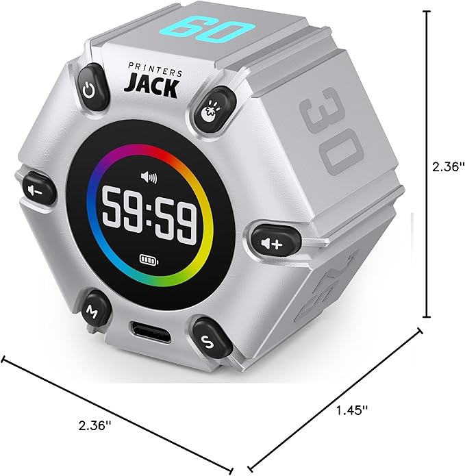 Printers ack Pomodoro Timer - Productivity Cube, Visual Focus Timer, Mute & Vibration & Adjustable Sound Alert, for Office, ADHD, Study, Work, 3/5/10/25/30/60min & Custom Countdown - Silver