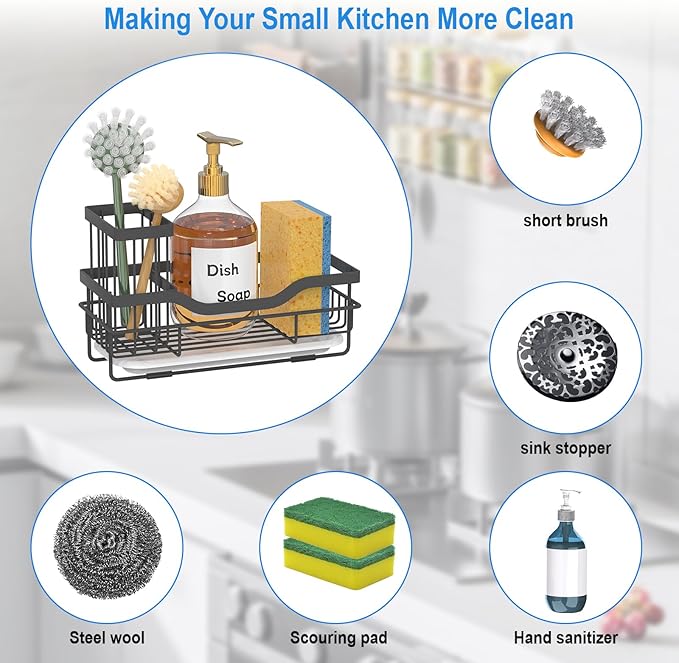 Sponge Holder for Kitchen Caddy Sink Organizer, Multifunctional Rustproof Dish Soap Sponge Caddy for Sink Counter with Detachable Brush Holder & Drain Tray - Storage Kitchen & Home Accessories