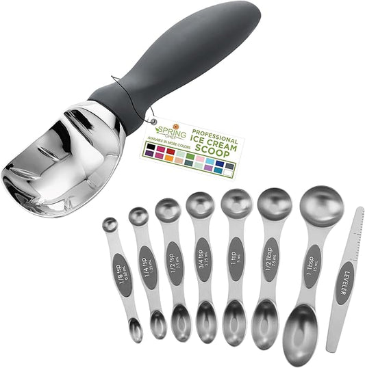 Spring Chef Heavy Duty Ice Cream Scoop with Comfortable Handle & Stainless Steel Magnetic Measuring Spoons with Leveler, Set of 8-2 Product Bundle - Gray