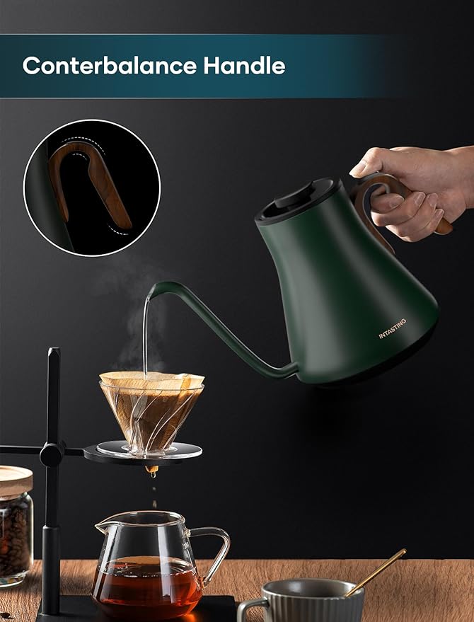 INTASTING Electric Kettle, Gooseneck Electric Kettle, ±1℉ Precise Temperature Control, Stainless Steel Interior, Quick Heating for Pour Over Coffee, Tea & Boiling Water, 0.9L (Forest Green)