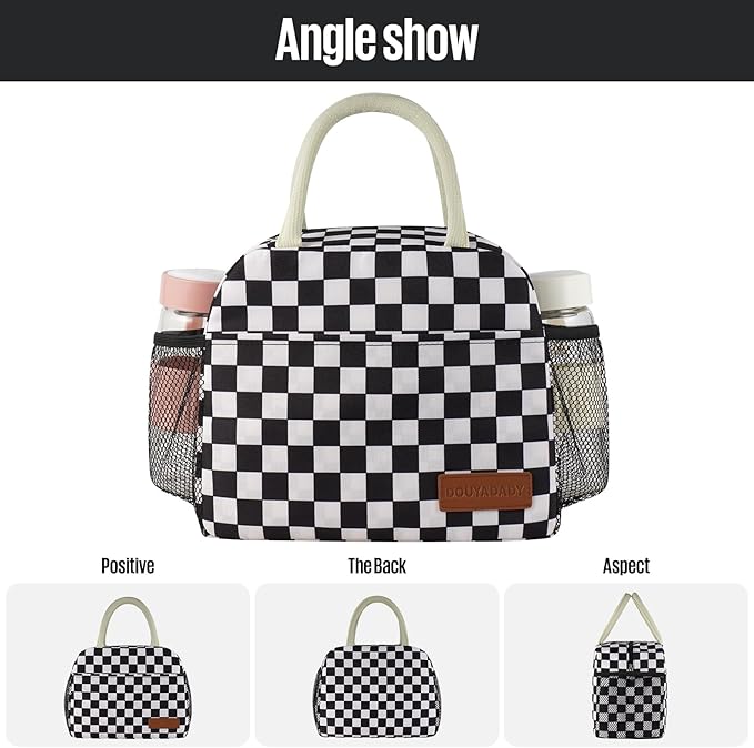 douyadady Lunch Bag Women/Men Lunch Box Women/Men (Black+White Checkerboard)