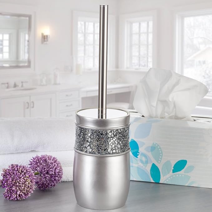 Creative Scents Crackled Glass Silver Bathroom Accessories Set - 6 Piece Bathroom Set Includes: Toilet Brush and Holder Set, Tissue Box Cover, Toothbrush Holder, Soap Dispenser, Soap Dish & Tumbler