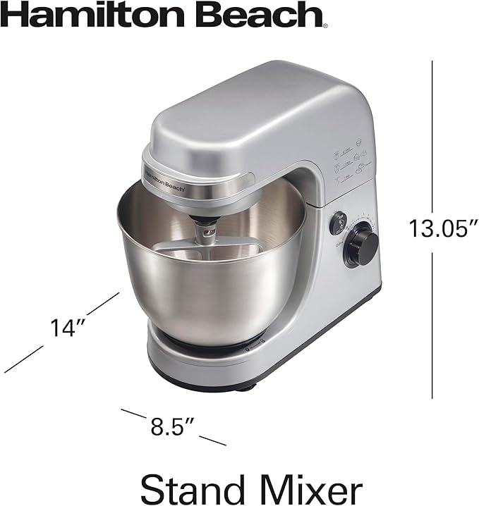 Hamilton Beach Electric Stand Mixer, 4 Quarts, Dough Hook, Flat Beater Attachments, Splash Guard 7 Speeds with Whisk, Silver