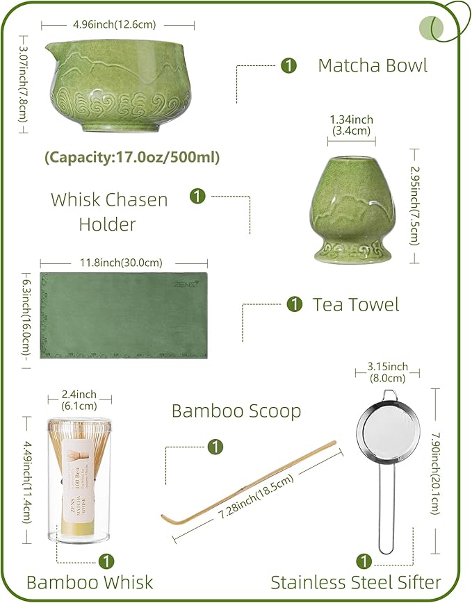 ZENS Matcha Whisk Set, 6Pcs Matcha Kit Set Includes Ceramic Bowl, Bamboo Whisk and Chasen Holder,Scoop, 304 Stainless Sifter & Tea Mat, Matcha Set for Tea Ceremony, Blue
