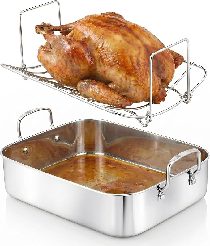 NutriChef Premium Stainless Steel Roasting Pan with Rack – Heavy‑Duty 14″ Turkey Roasting Pan for Turkey, Chicken & Meats (Wide Handles, Dishwasher Safe)