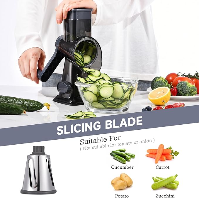 Rotary Cheese Grater with Handle Kitchen Shredder Slicer Grater Slicer Ice Shaver Cheese Vegetable Nuts Potato Zucchini Chocolate 3 Interchangeable Blades (Grey TSP)