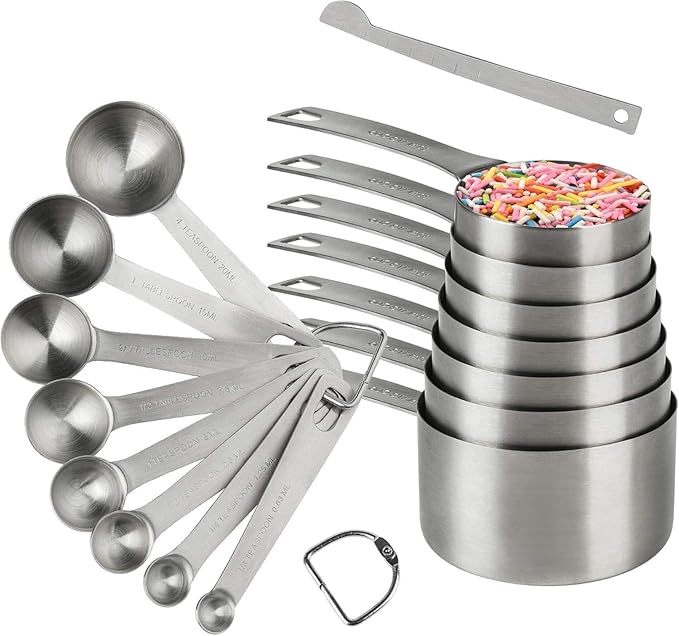 Smithcraft 18/8 Stainless Steel Measuring Cups and Spoons Set, Metric & US Metal Measure Cup and Spoon for Baking & Kitchen, Heavy Duty 7 Measuring Cups & 8 Spoons With Leveler