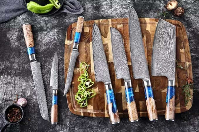 Epicurean Cook Tidal Collection 8 PCS Damascus Knife Set Japanese Kitchen Knives with VG10 Steel Core Ultra-Sharp Professional Chef Knife Set with Elegant Box and Blue Resin and Burl Wood Handles