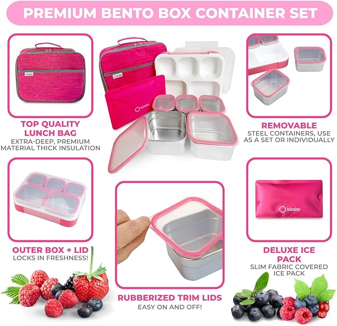 kinsho Stainless Steel Bento Lunch Box Set for Adults, Kids - Insulated Bag and Ice Pack - Leak-Proof Metal Compartment Meal Prep Food & Snack Containers for Work Travel School Daycare, 34 oz Pink