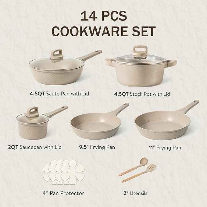 CAROTE 14 Pcs Pots and Pans Set Nonstick, Induction Kitchen Cookware Sets, Non Stick Kitchen Cooking Set with Frying Pans Set