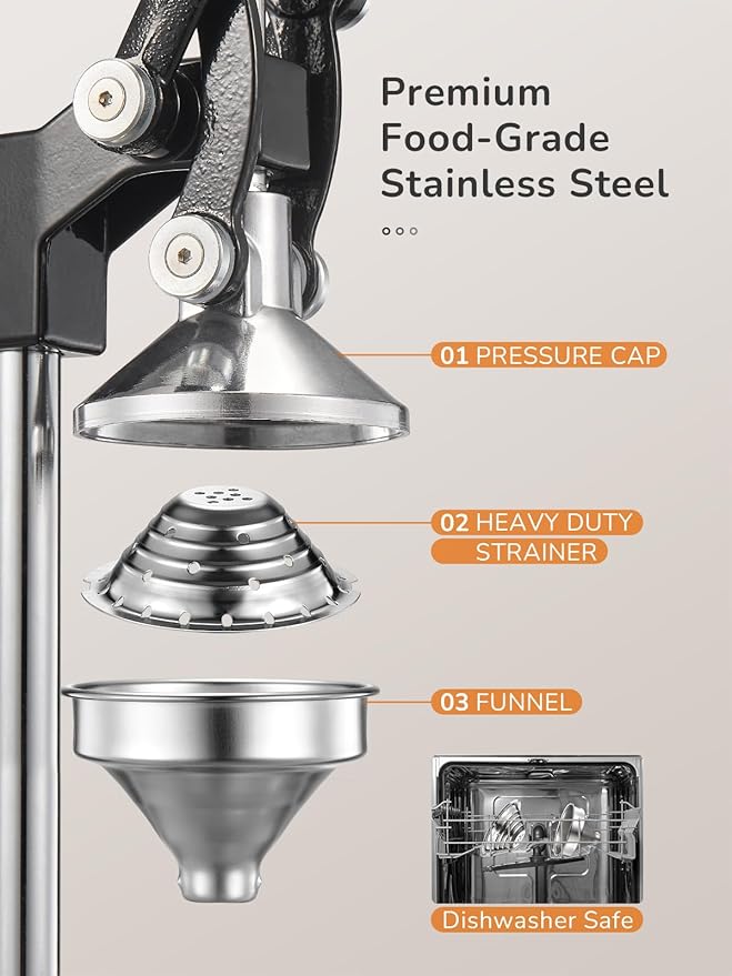 QCen Professional Cast Iron Manual Juicer, Heavy Duty Citrus Press with Stainless Steel Strainer, Easy-to-Clean Hand Squeezer for Orange, Lemon, Lime and Grapefruit - Black (Black)
