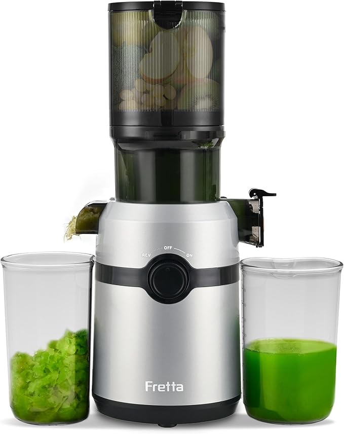 Juicer Machines,Fretta Cold Press Juicer with Large Feed Chute,Fit Whole Fruits & Vegetables,High Juice Yield,BPA-Free,PCTG Material from US (Polished Silver, 1.0 L)
