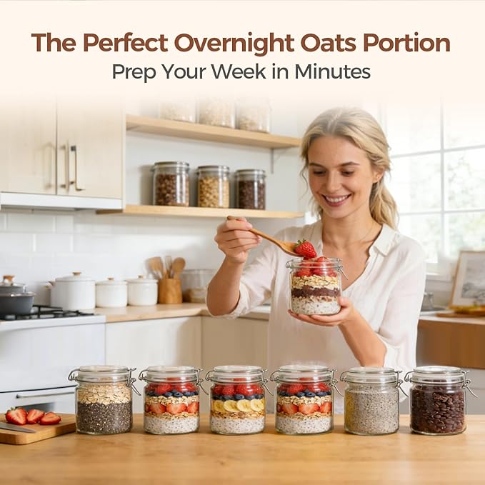 ComSaf 17oz Overnight Oats Containers with Lids 6-Pack, Wide Mouth Glass Jars for Meal Prep, 500ml Airtight Glass Canisters with Wire Clamp for Sourdough Starter, Fridge Pickling & Pantry Organization
